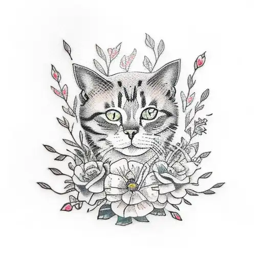 A Traditional Tattoo Of A Cat Resting On A Bed Of Blooming Flowers
