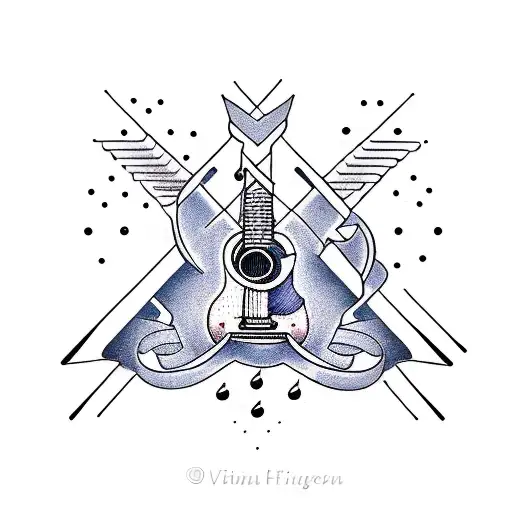 A Guitar Neck Intertwined With Paintbrushes And Musical Notes