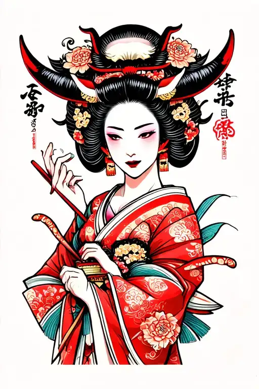 Japanese Demon Attacking Geisha