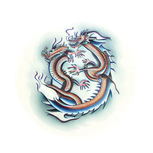 2 Dragons Around Ying And Yang Blowing Fire On It