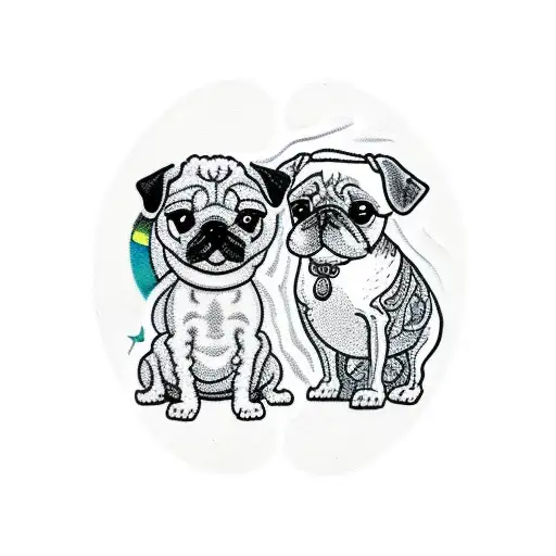 Gray Mini Poodle And Fawn Pug Fighting Over A Tennis Ball In A Yin Yang