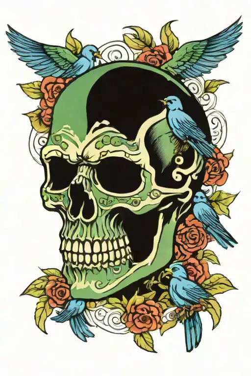 Skull With Green Eyes And Bluebirds