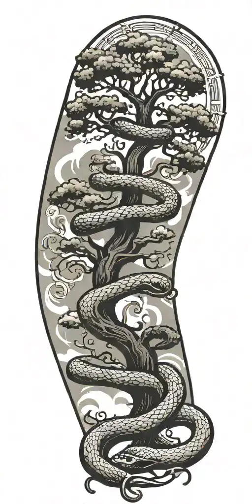 Tree Of Life Reaching To Heaven And Hell With A Coiled Snake