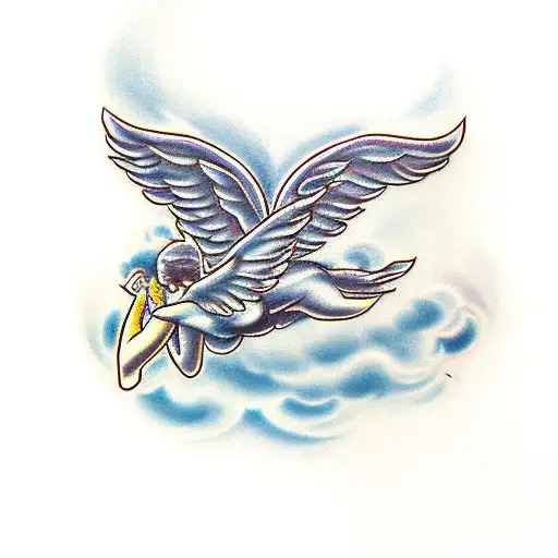 Flying Male Angel With Giant Wings