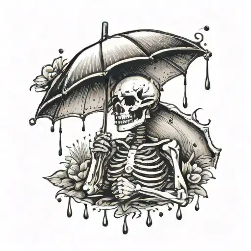 Skeleton Holding An Umbrella With Raindrops Under The Umbrella