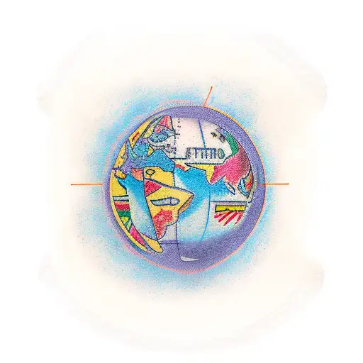 A Minimalist Tattoo Of A Globe With Colorful Language Symbols Inside