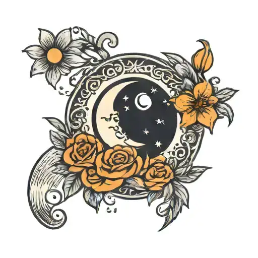 Flowers Behind Moon And Clouds Surrounding