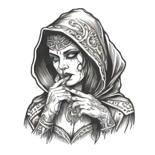 Hooded Goth Woman With Finger Up To Mouth
