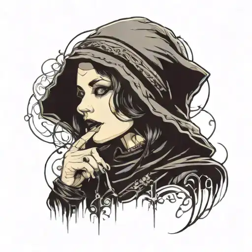 Hooded Goth Woman With Finger Up To Mouth In Shushing Position