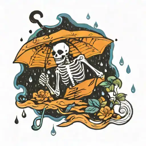 A Skeleton Holding An Umbrella With Rain Drops Underneath