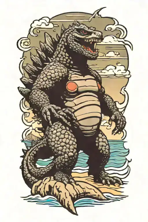 Godzilla With Sunglasses Walking On A Beach