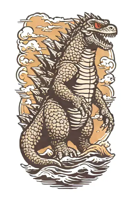 Godzilla With Sunglasses On Walking On A Beach