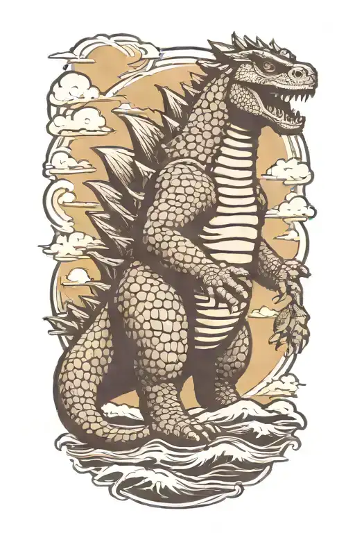 Godzilla With Sunglasses On Walking On A Beach