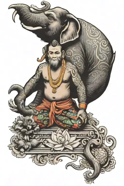 Traditional Thai Style With An Asian Elephant And A Thai Monkey