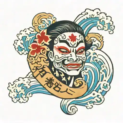 Japanese Wave Mask And Lettering