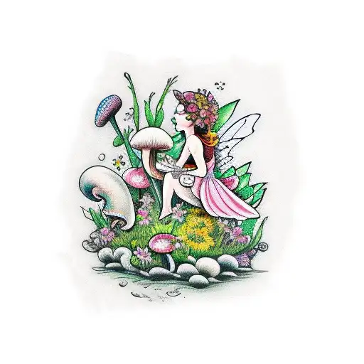 Fairy Sitting In Flowers And Mushroom With A Snail