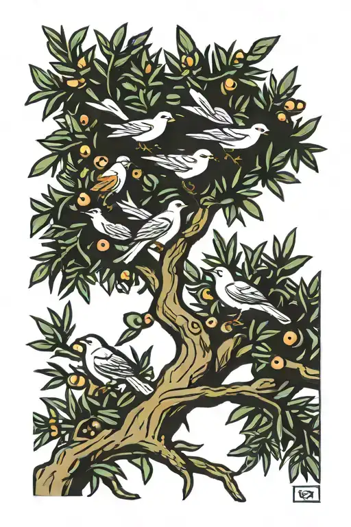 Olive Tree With 6 Birds Sitting