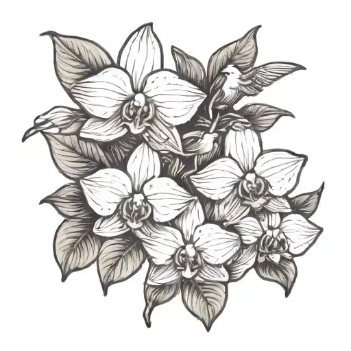 Phalaenopsis Orchids With Dove Carrying A Weed Leaf