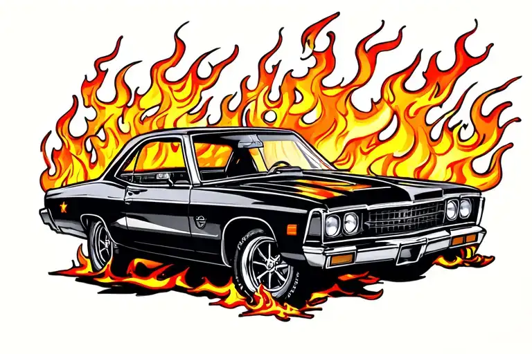 Black And White Car In Flames Under Chest