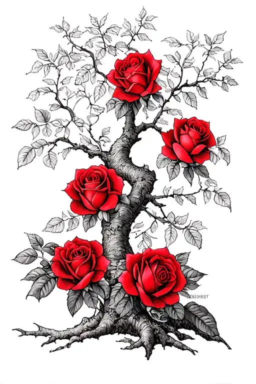 White Tree With Red Roses On It