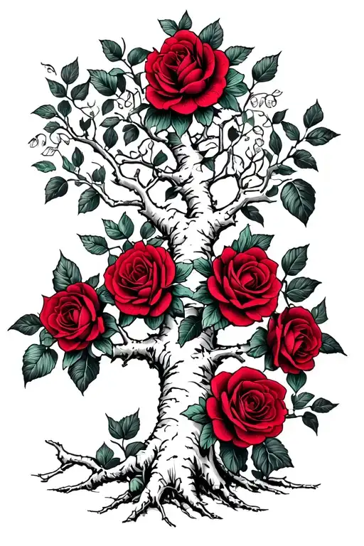 White Tree With Dark Red Roses On It