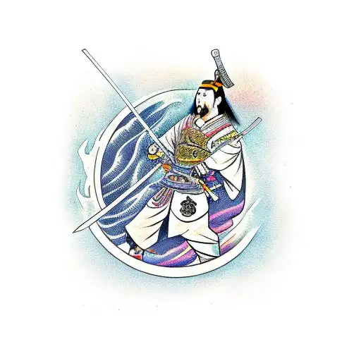 A Samurai Handing A Sword Inside Rhe Waves