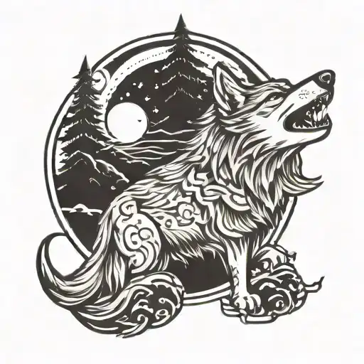 Howling Wolf And Moon Surrounded