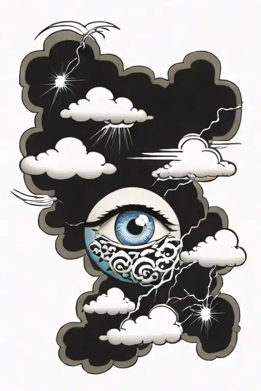 Blue Eye In A Japanese Style Cloud With Lightning Below The Cloud And Through The Cloud