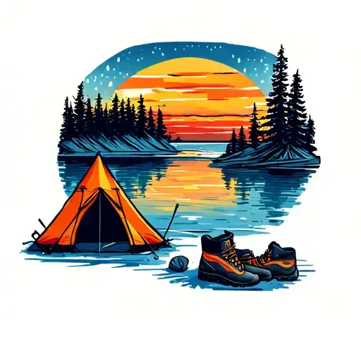 A Colorful Sunset Over A Serene Lake With A Tent And Hiking Boots In The Foreground