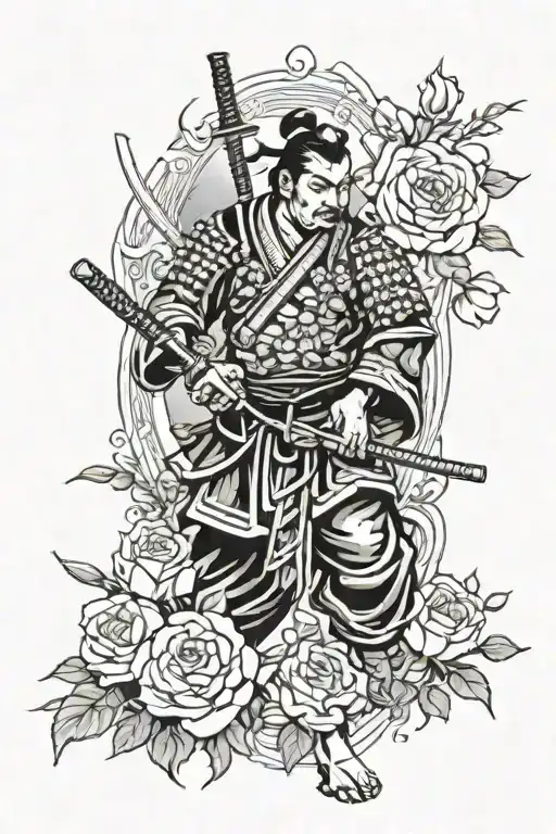 Samurai Surrounded By Roses On Fire