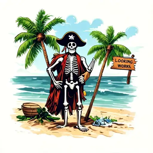 Skeleton Pirate On A Beach With Palm Trees And A Sign That Says Looking For Work