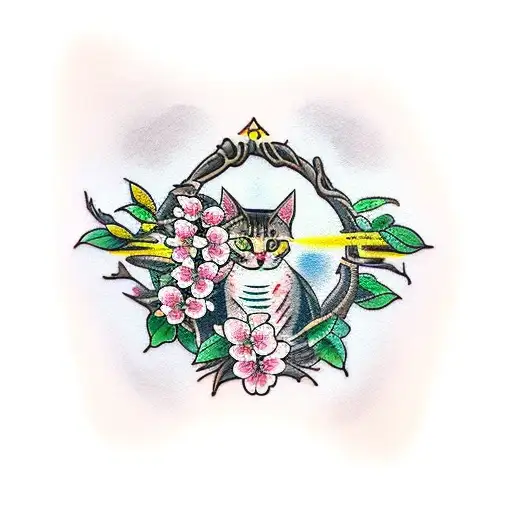 Traditional-style Tattoo Of A Cat Sitting On A Branch Surrounded By Blooming Cherry Blossom Trees