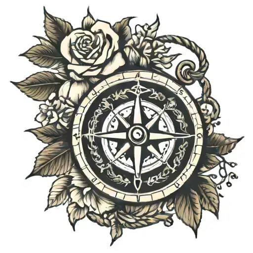 Traditional Compass With Flowers On The Left And Right Side And A Broken Rope Hanging It