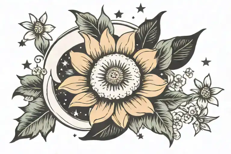 Moon And Stars With Daisy Flower