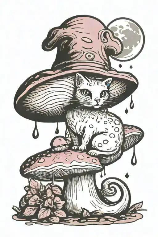 Melting Pink Mushroom Cat With Moon