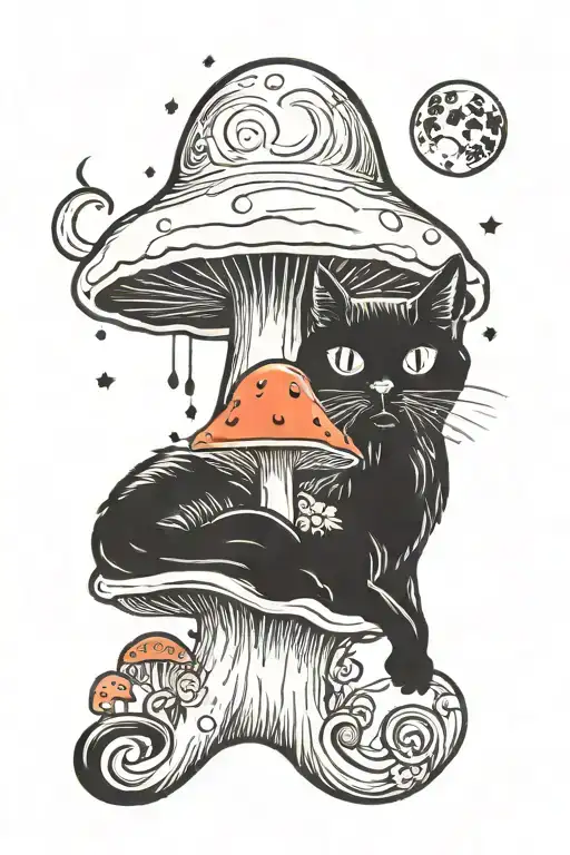 Melting Colorful Mushroom Black Cat With Moon