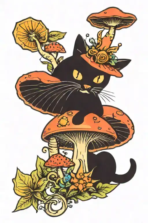 Colorful Mushroom Black Cat With Sun And Moon