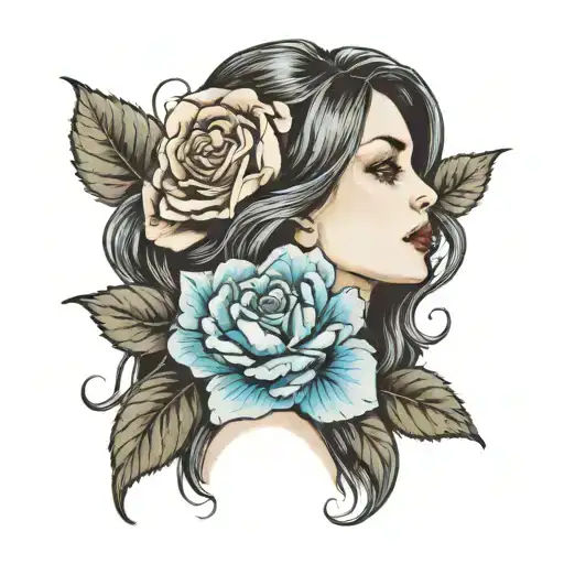 Blue Hydrangeas And Rose Posies Outlining A Side Profile Portrait Of A Woman With Long Straight Hair