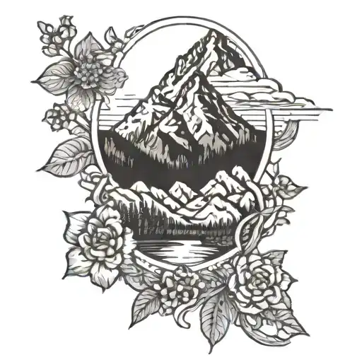 A Silhouette Of Three Mountain Peaks With Intricate Garden Details Woven Into The Design