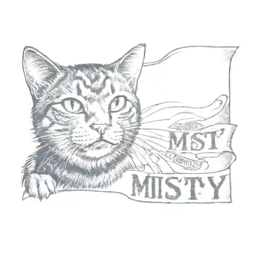 A Cat With A Traditional Banner That Says Misty