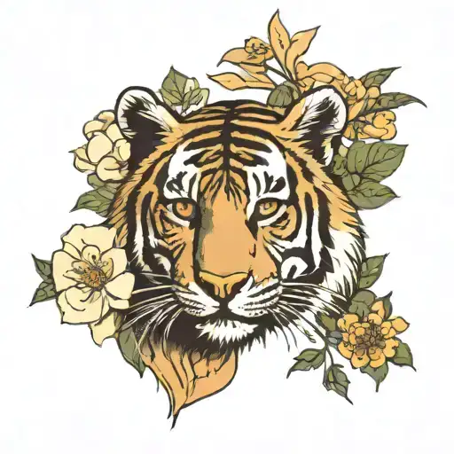 Retro Style Tattoo That Features A Full Bengal Tiger Surrounded By The Diphylleia Grayi Flowers