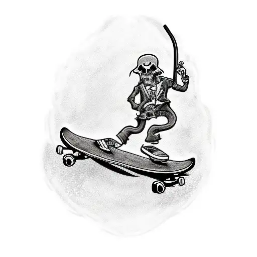 Tattoo Design That Is A Grim Reaper On A Skateboard Going Really Fast In The Art Style Of Rat Fink