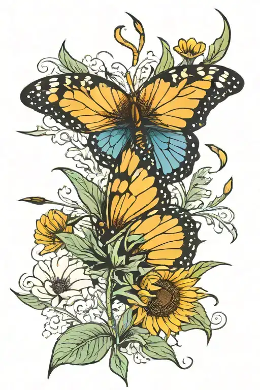 Blue Butterfly Flying Towards A Sunflower