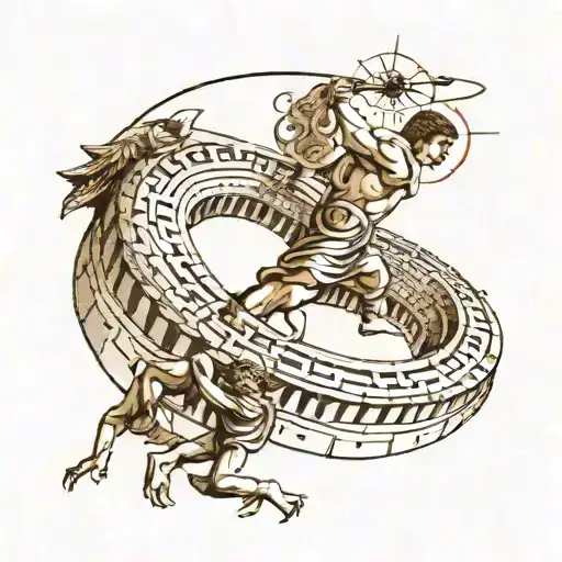 Fibonacci Spiral And Flying Man Getting Inside Roman Coloseum