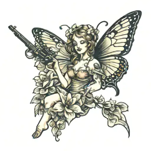 A Fairy Holding A Gun At A Butterfly