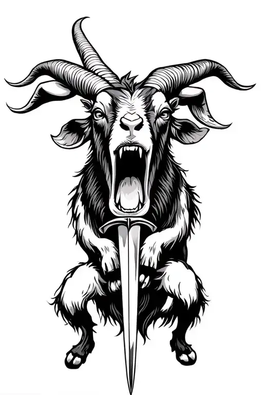 Jumping Black Goat With Its Mouth Open And Impaled By A Sword