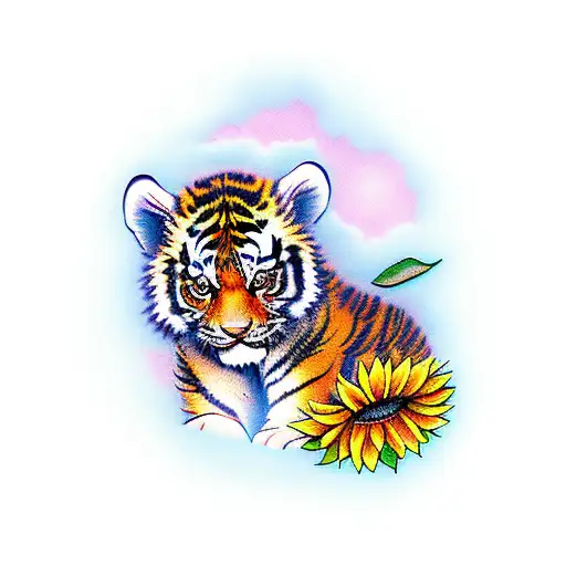 Tiger Cub Under A Sunflower