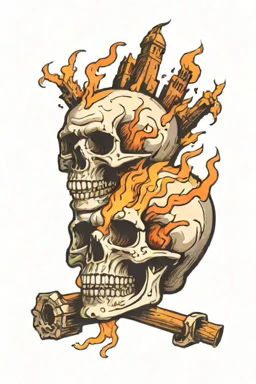 Skull With Burning Castle Coming From Back Of Skull Screaming In Agony