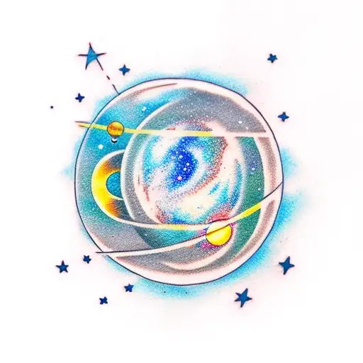 A Minimalist Tattoo Of A Galaxy With Planets And A Book Floating In It