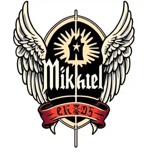Mikael Name With Angel Wings For Tattoo On Fore Arm